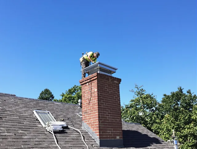 Portsmouth Chimney Sweep technician measuring a chimney cap in Portsmouth, RI